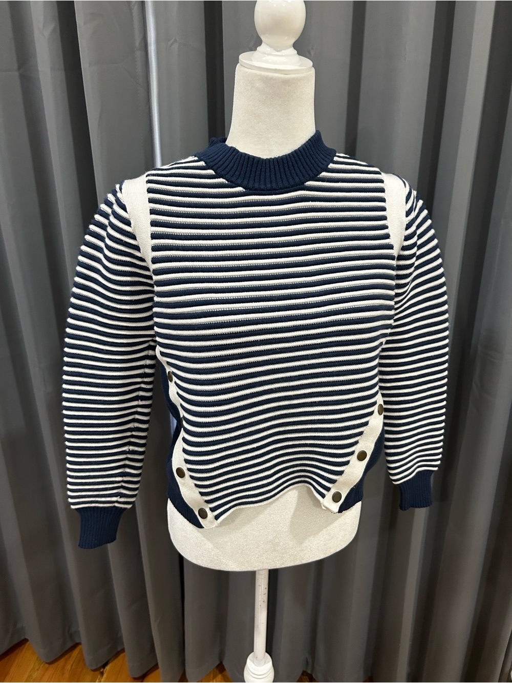 Veronica Beard Navy and White Striped Crewneck Sweater with Side Button Panels